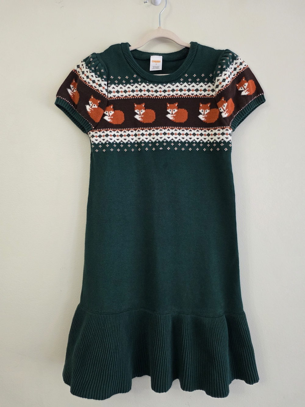 Gymboree Forest Green Knit Dress with Orange Fox Motif